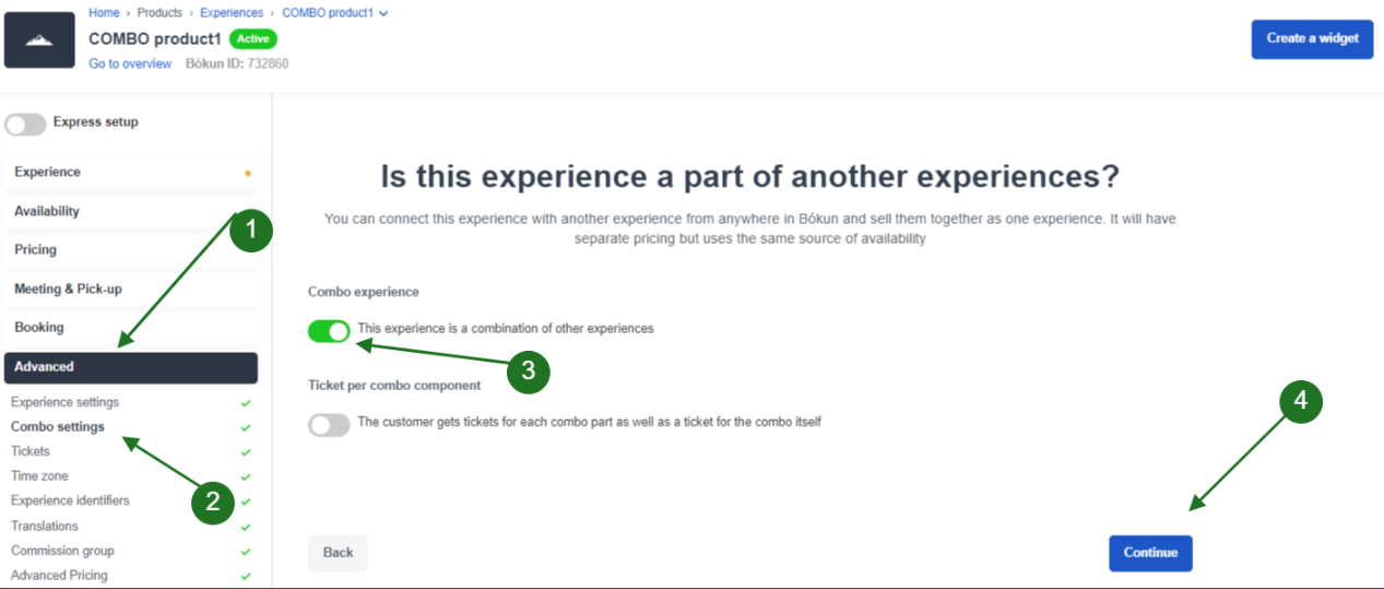 Advanced combo settings for experiences