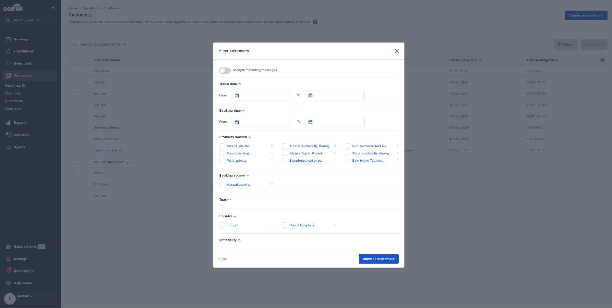 Filter customers: Travel date, Booking date, Products booked, Booking source, Tags