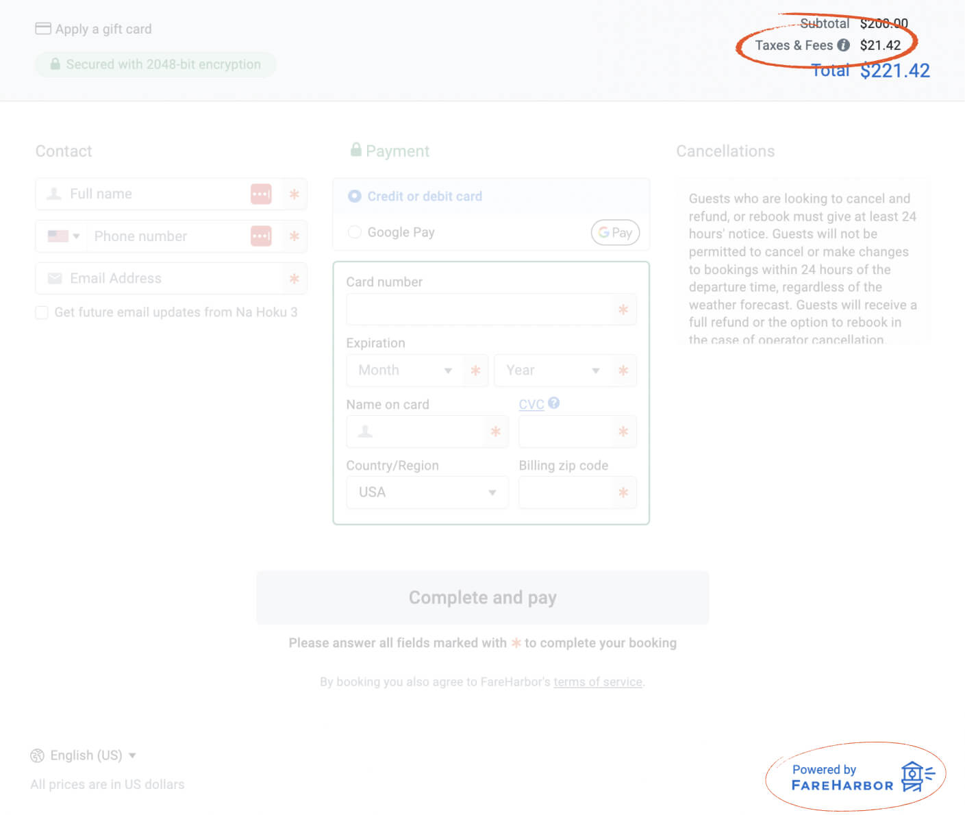 FareHarbor Booking Fees example