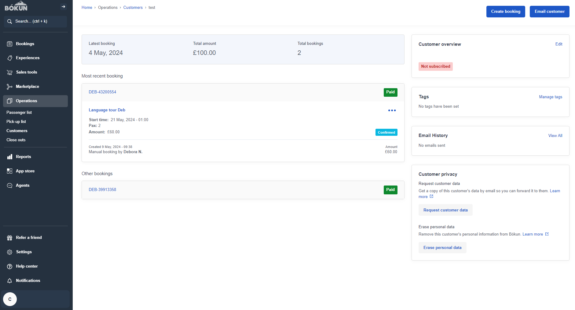 Operations: Customers Most Recent Booking