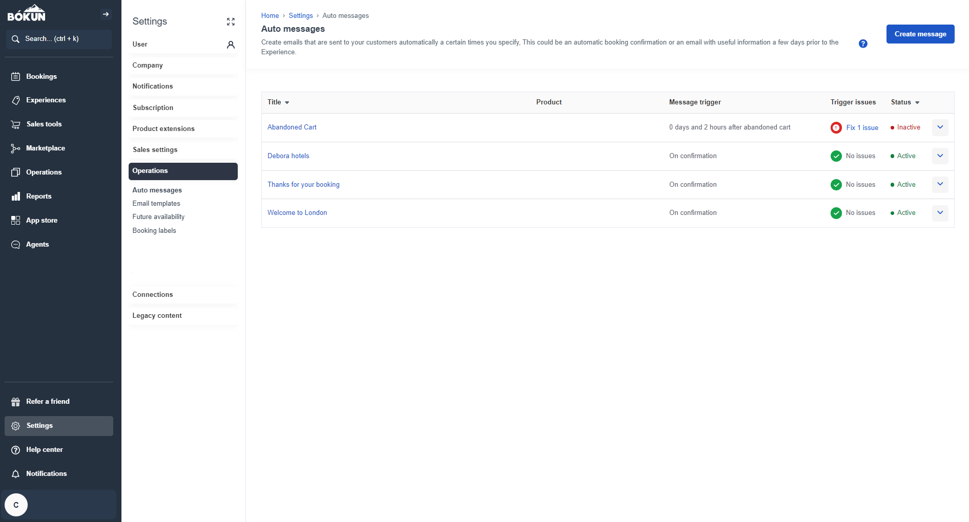 Operations: Settings Auto Messages
