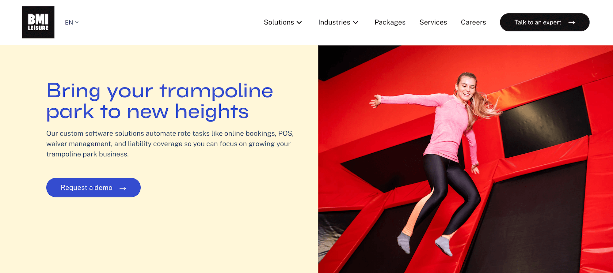 BMI Leisure homepage: Bring your trampoline park to new heights