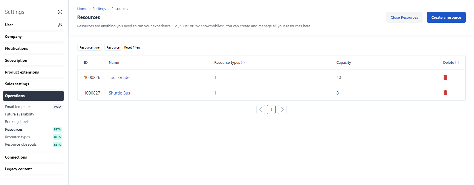 Settings > Operations > Resources