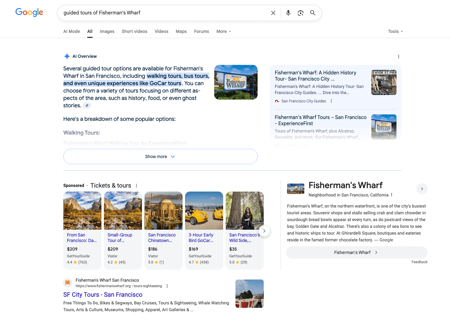 Google SERP for "guided tours of Fisherman's Wharf