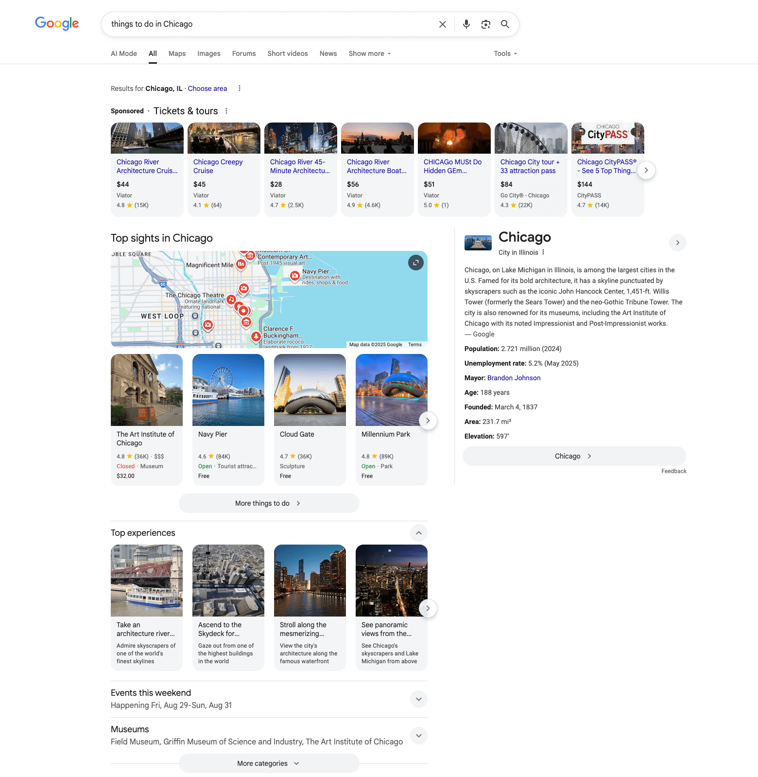 Google SERP: things to do in Chicago
