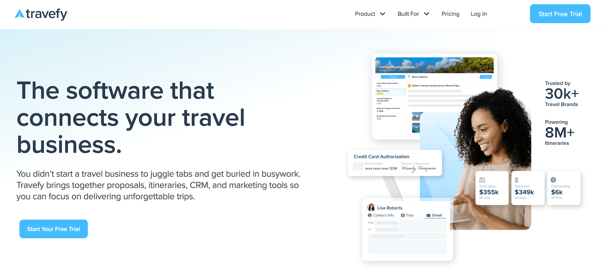 Travefy homepage: The software that connects your travel business.
