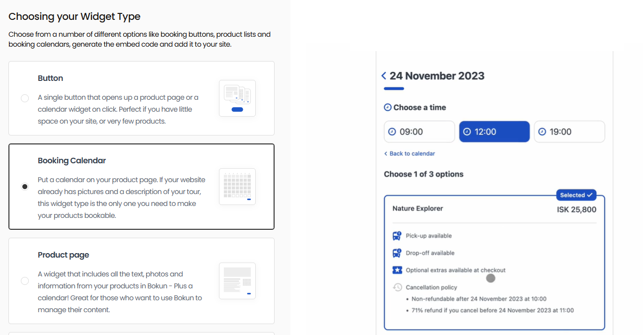 Choosing your Widget Type: Button, Booking Calendar, Product Page