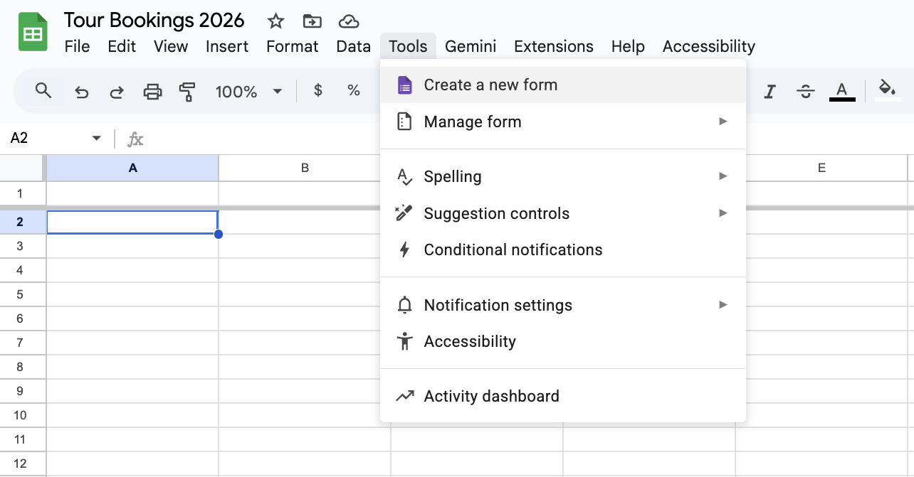 Creating a new form in Google Sheets