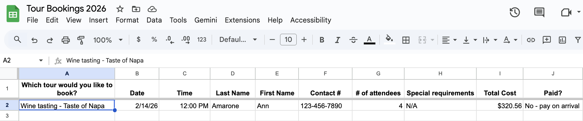 Google Sheets: Tour Bookings 2026 example