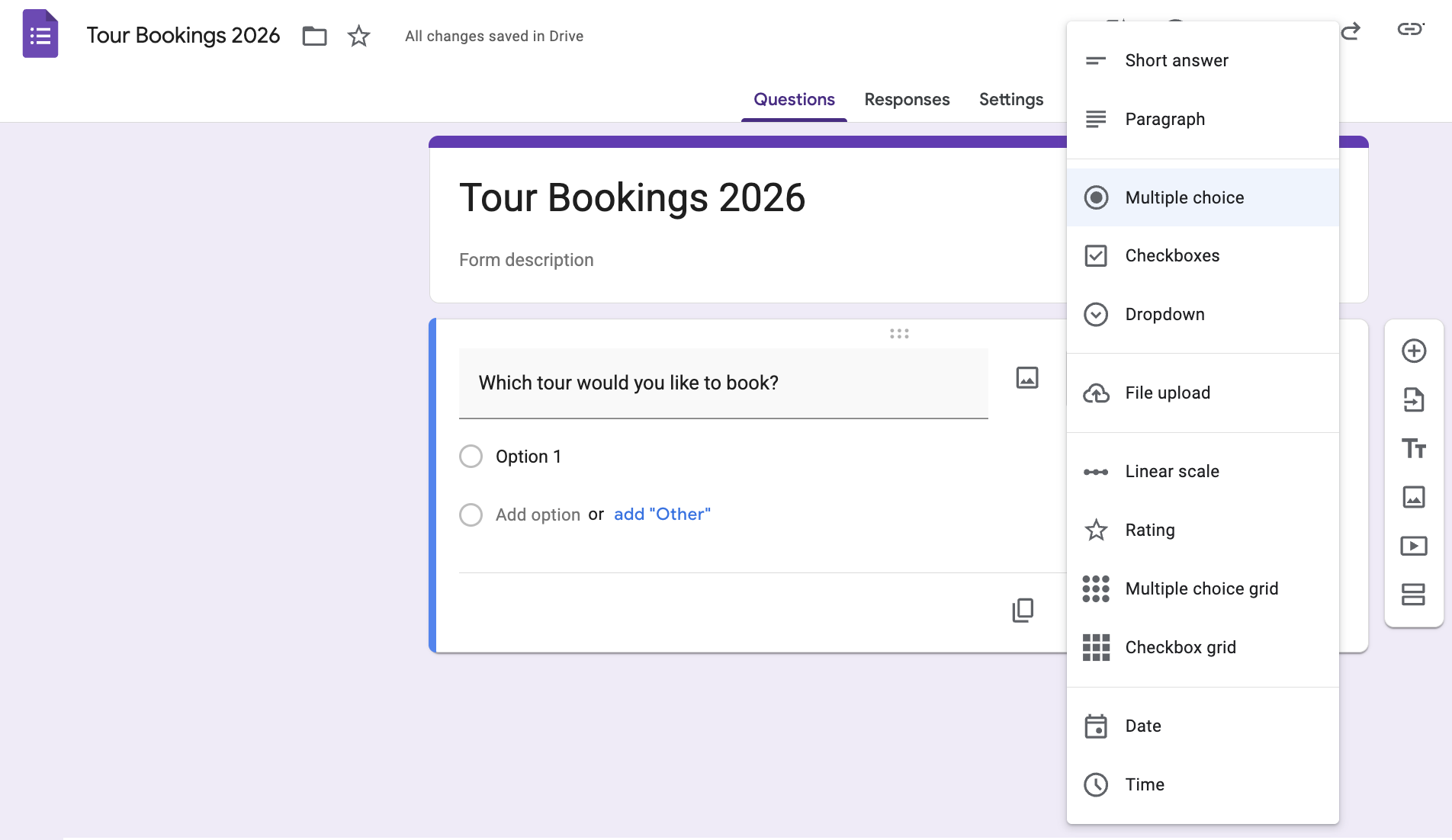 New Google Sheet form: Tour Bookings 2026