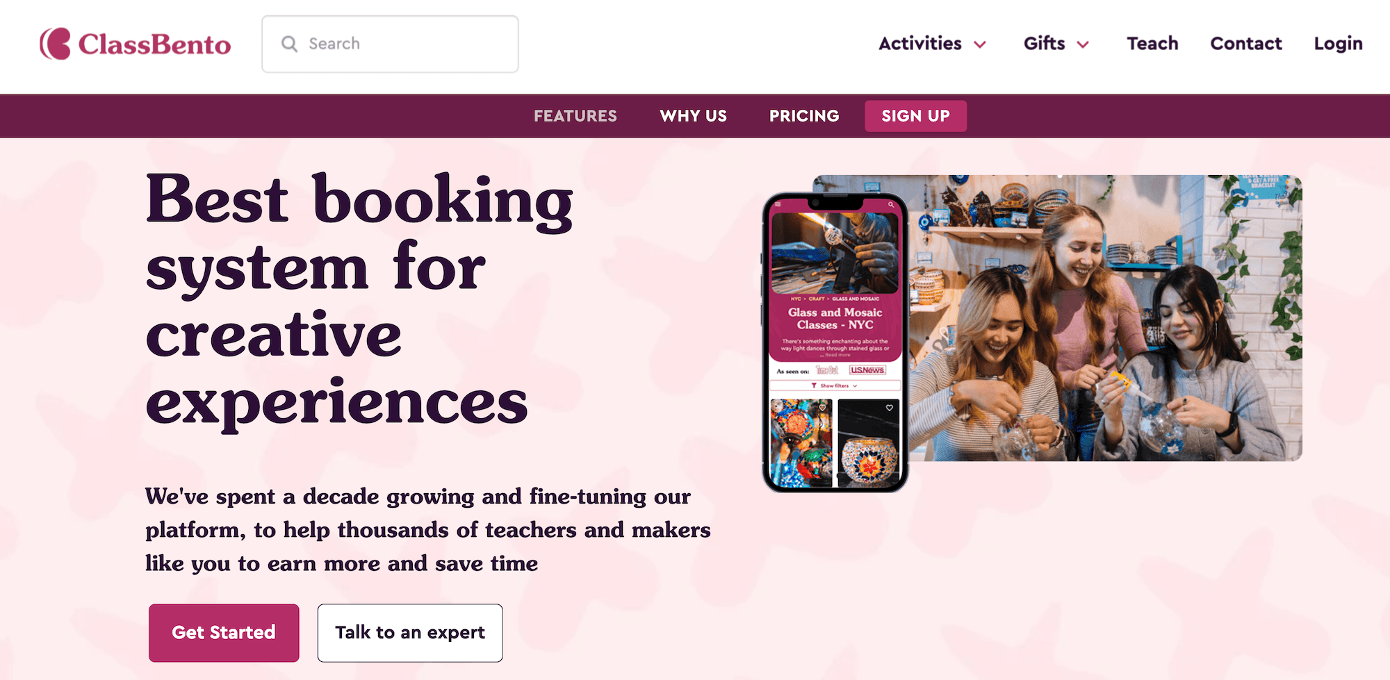 ClassBento homepage: Best booking system for creative experiences
