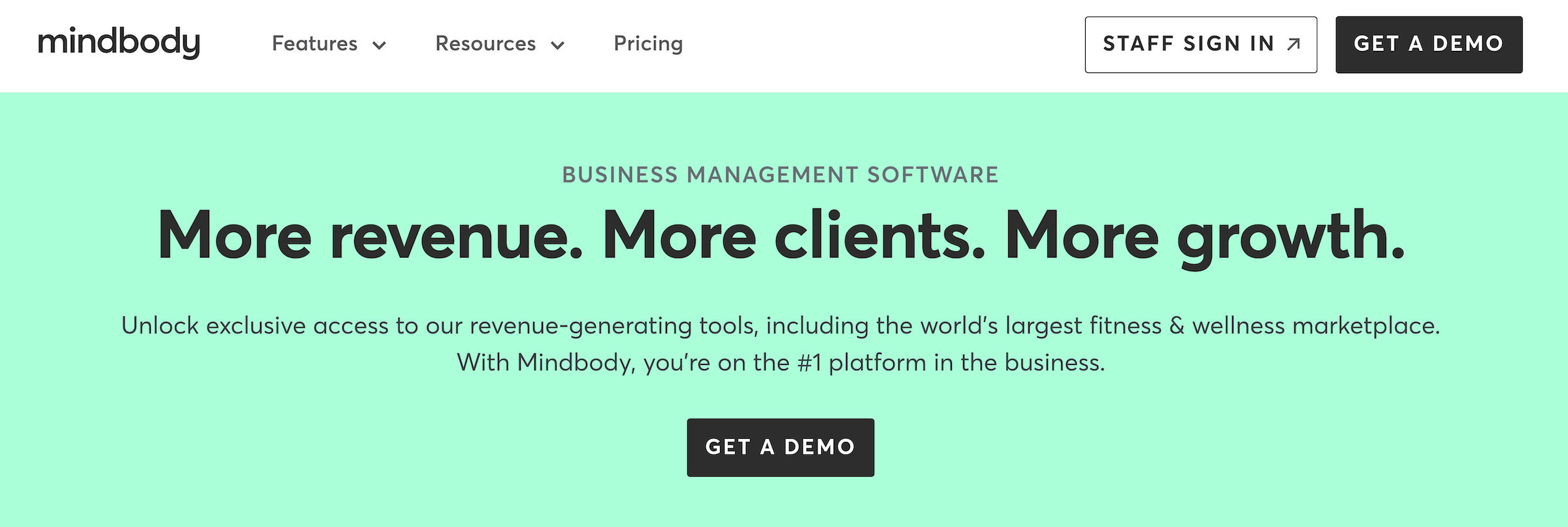 Mindbody homepage: More revenue. More clients. More growth.
