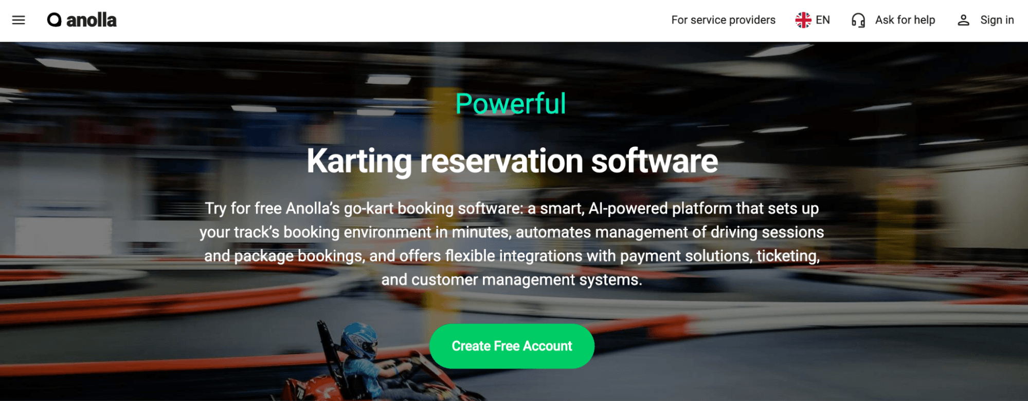 Anolla Karting Reservation Software landing page