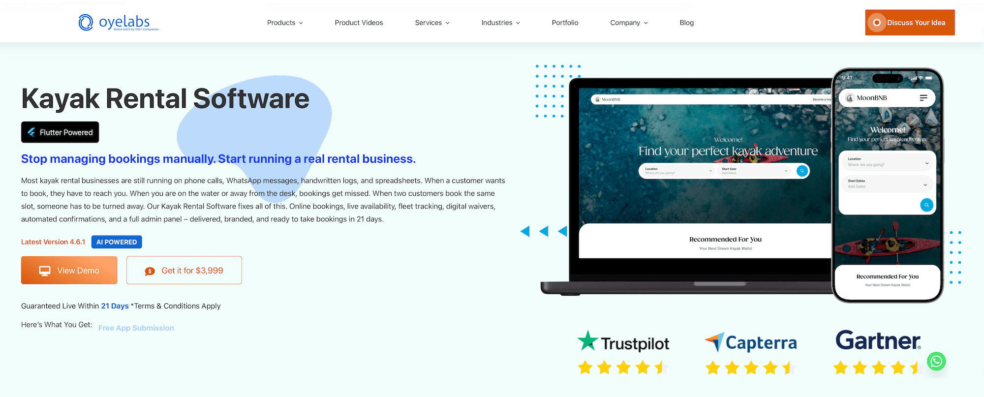 Oyelabs Kayak Rental Software landing page