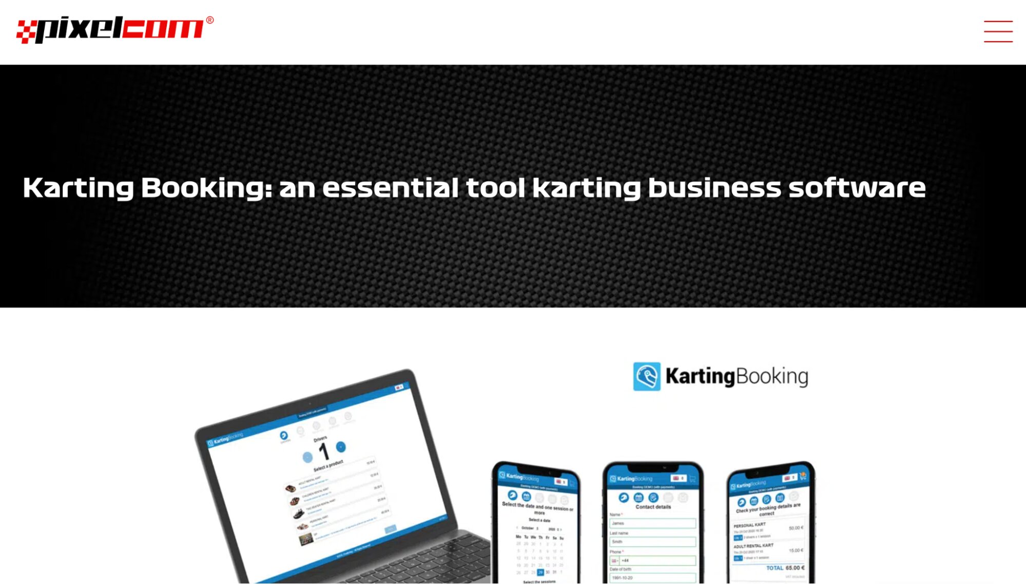 Pixelcom Karting Booking Software landing page