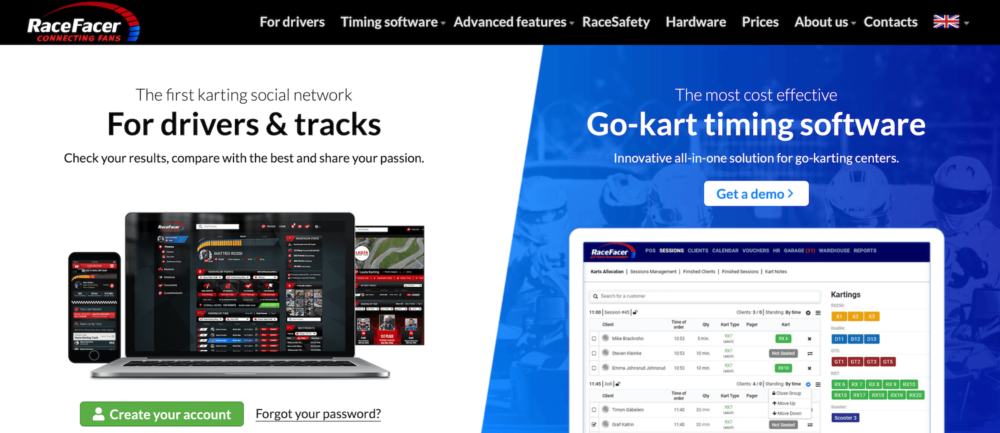 RaceFacer homepage: Go-kart timing software