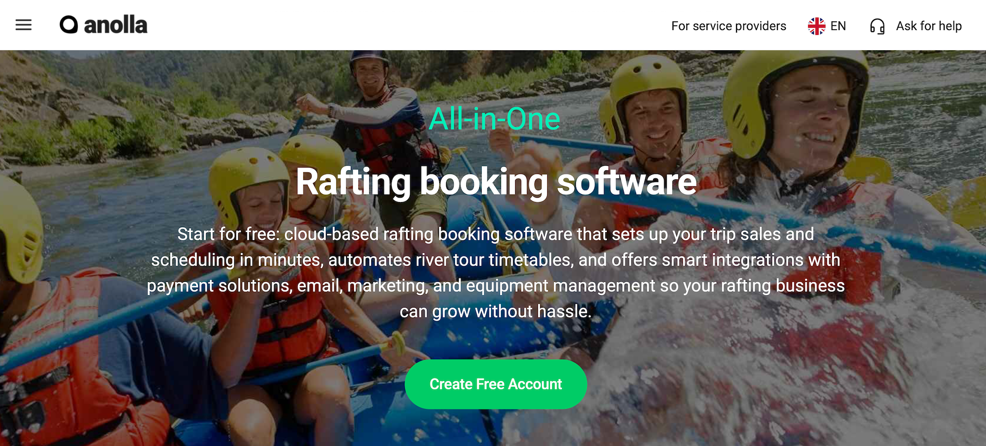 Anolla Rafting Booking Software landing page