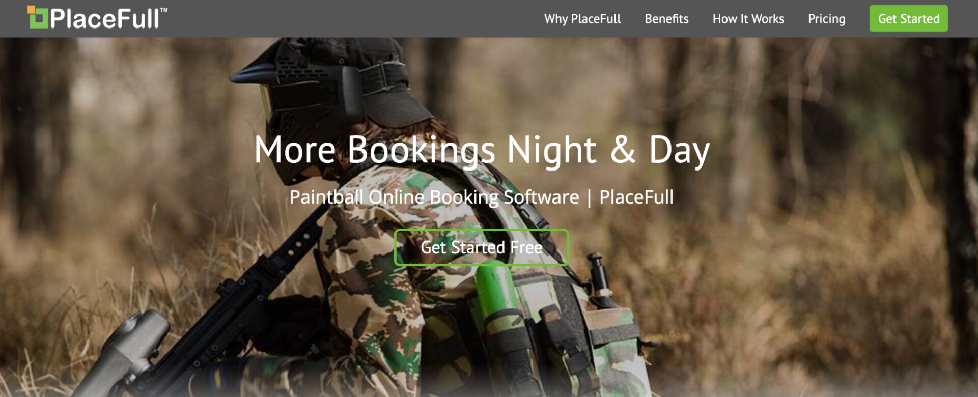PlaceFull Paintball Online Booking Software landing page