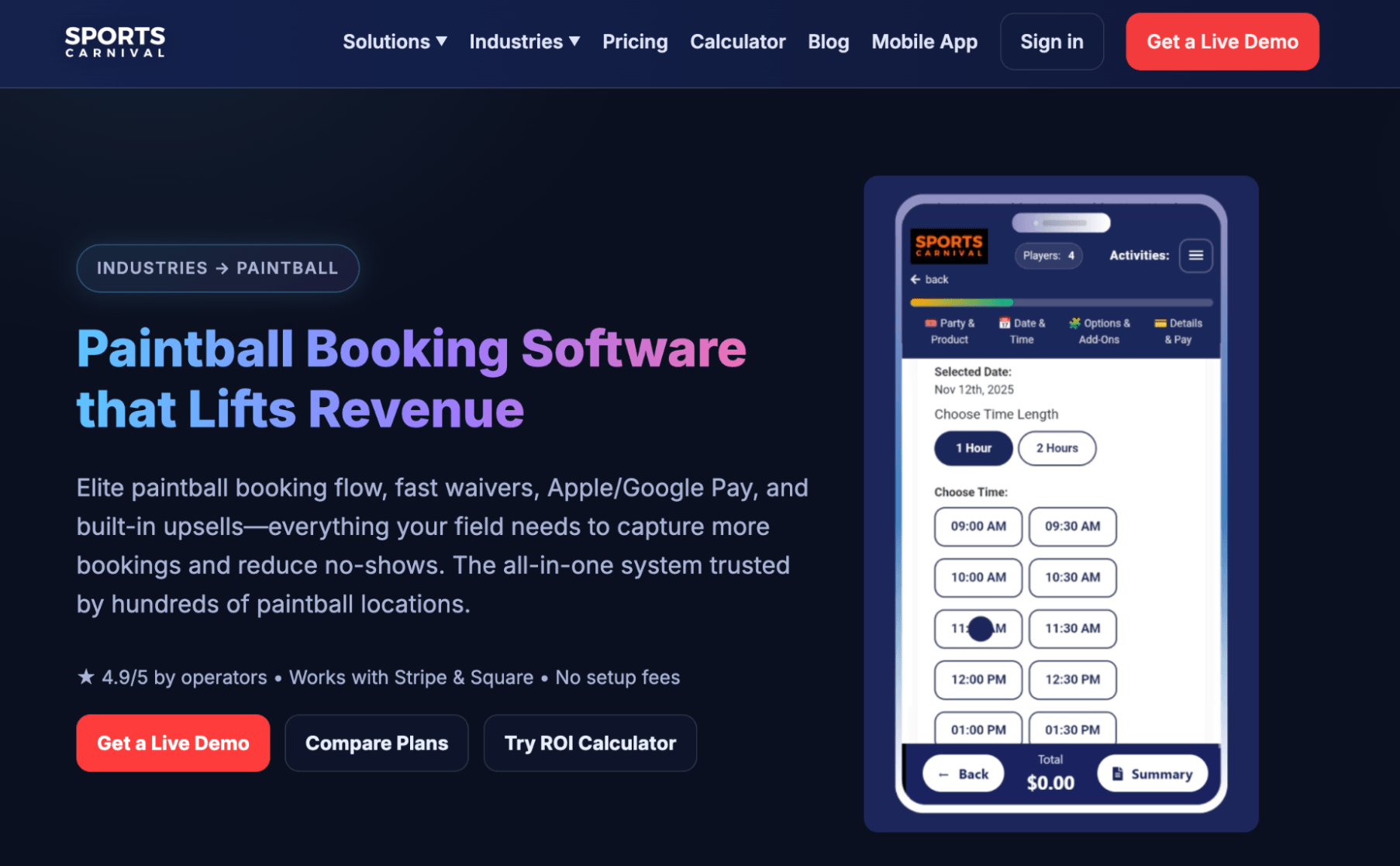 Sports Carnival Paintball Booking Software landing page