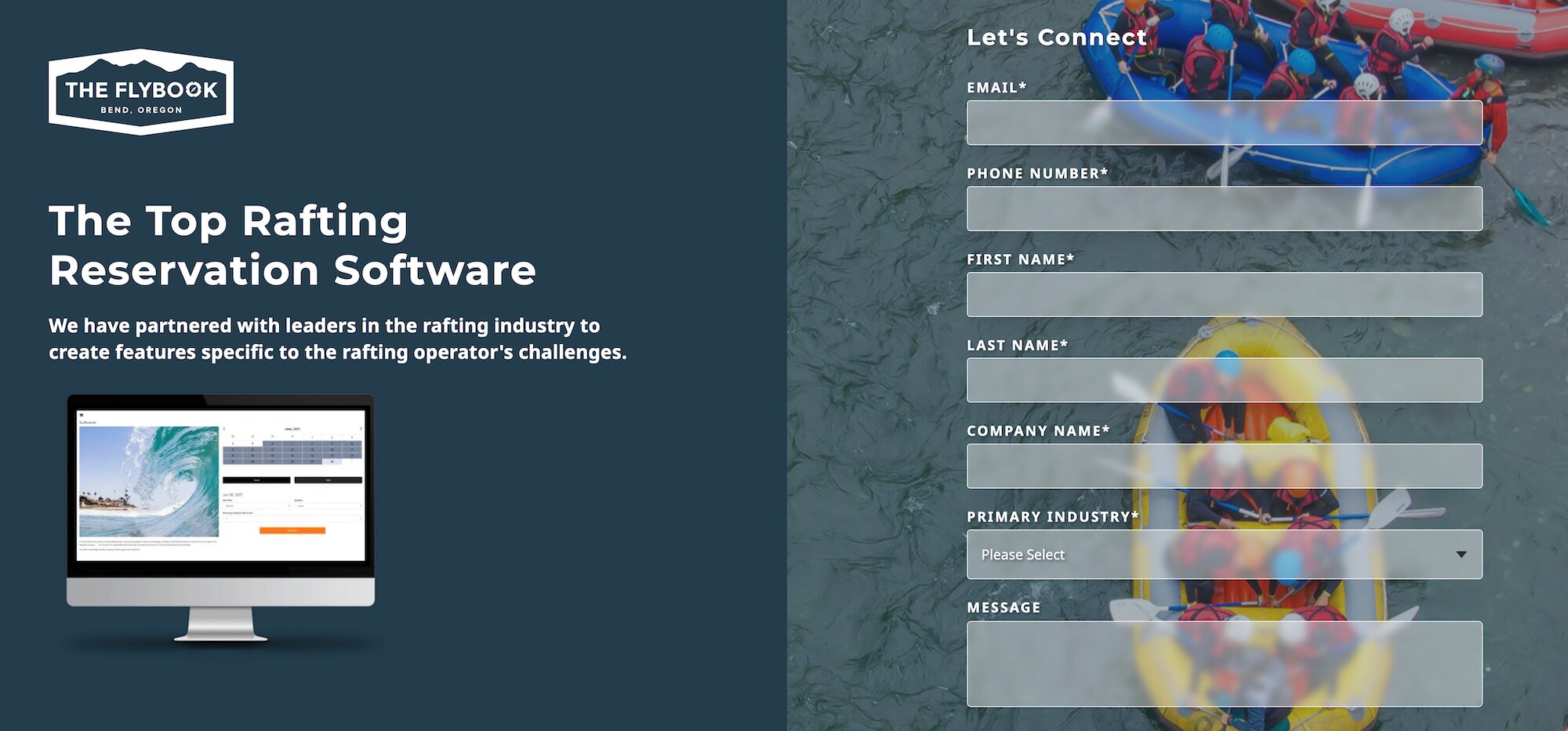 The Flybook Rafting Reservation Software landing page