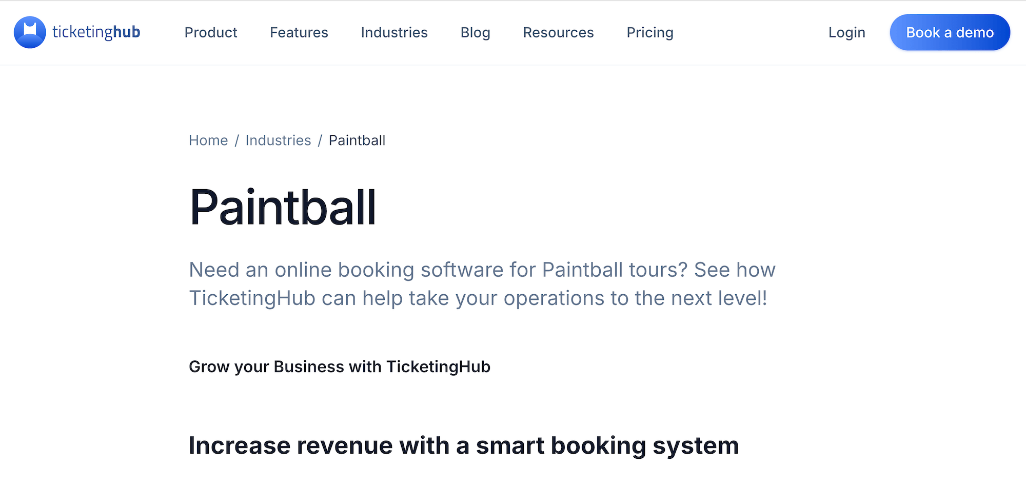 TicketingHub Paintball Booking Software landing page